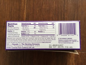 US Hershey Milk Chocolate Cadbury Egg 2015 - Nutritional Label